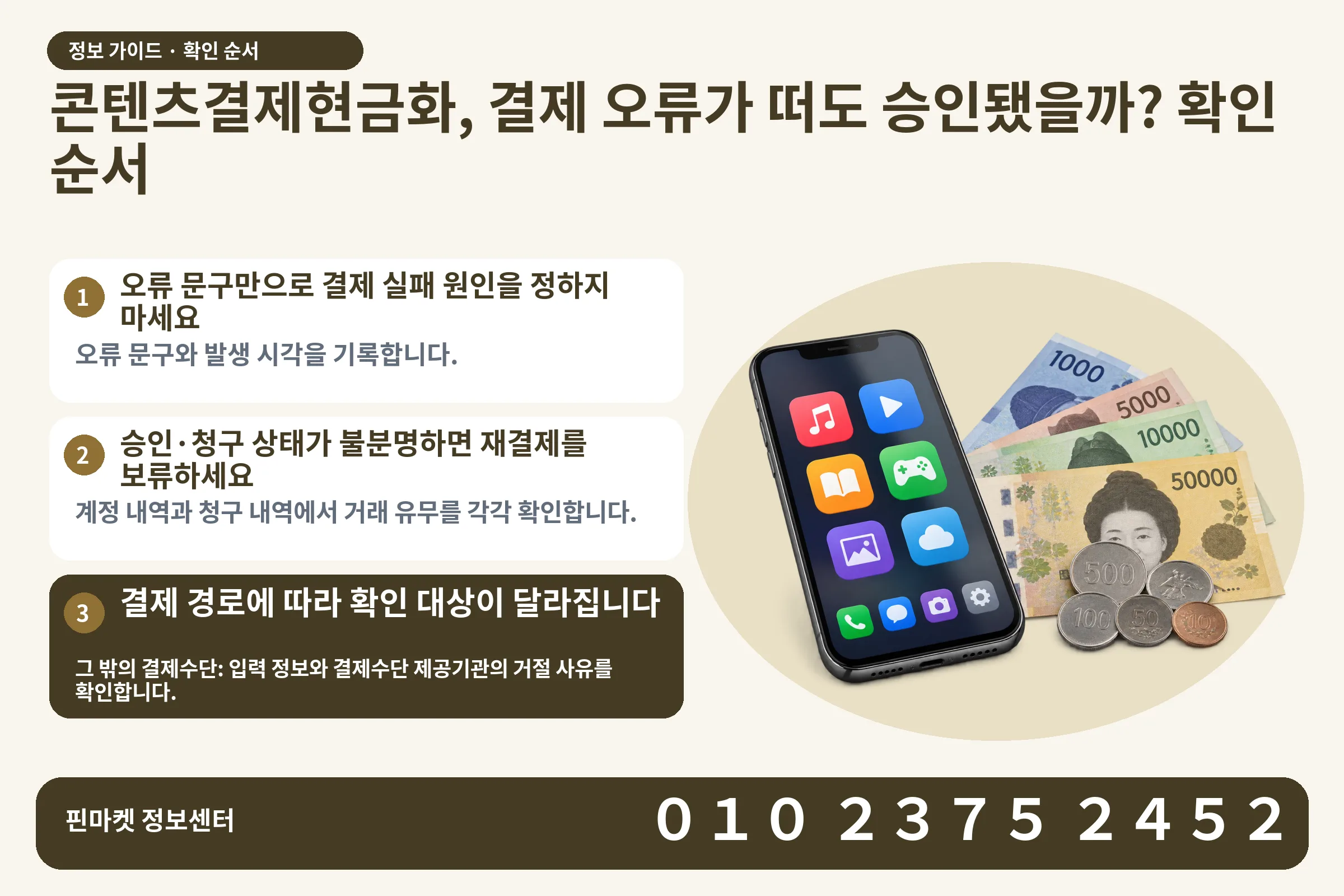콘텐츠결제현금화, 결제 오류가 떠도 승인됐을까? 확인 순서 · 콘텐츠 결제 화면 / 현금·동전 · 본문 확인사항: 오류 문구만으로 결제 실패 원인을 정하지 마세요; 승인·청구 상태가 불분명하면 재결제를 보류하세요; 결제 경로에 따라 확인 대상이 달라집니다