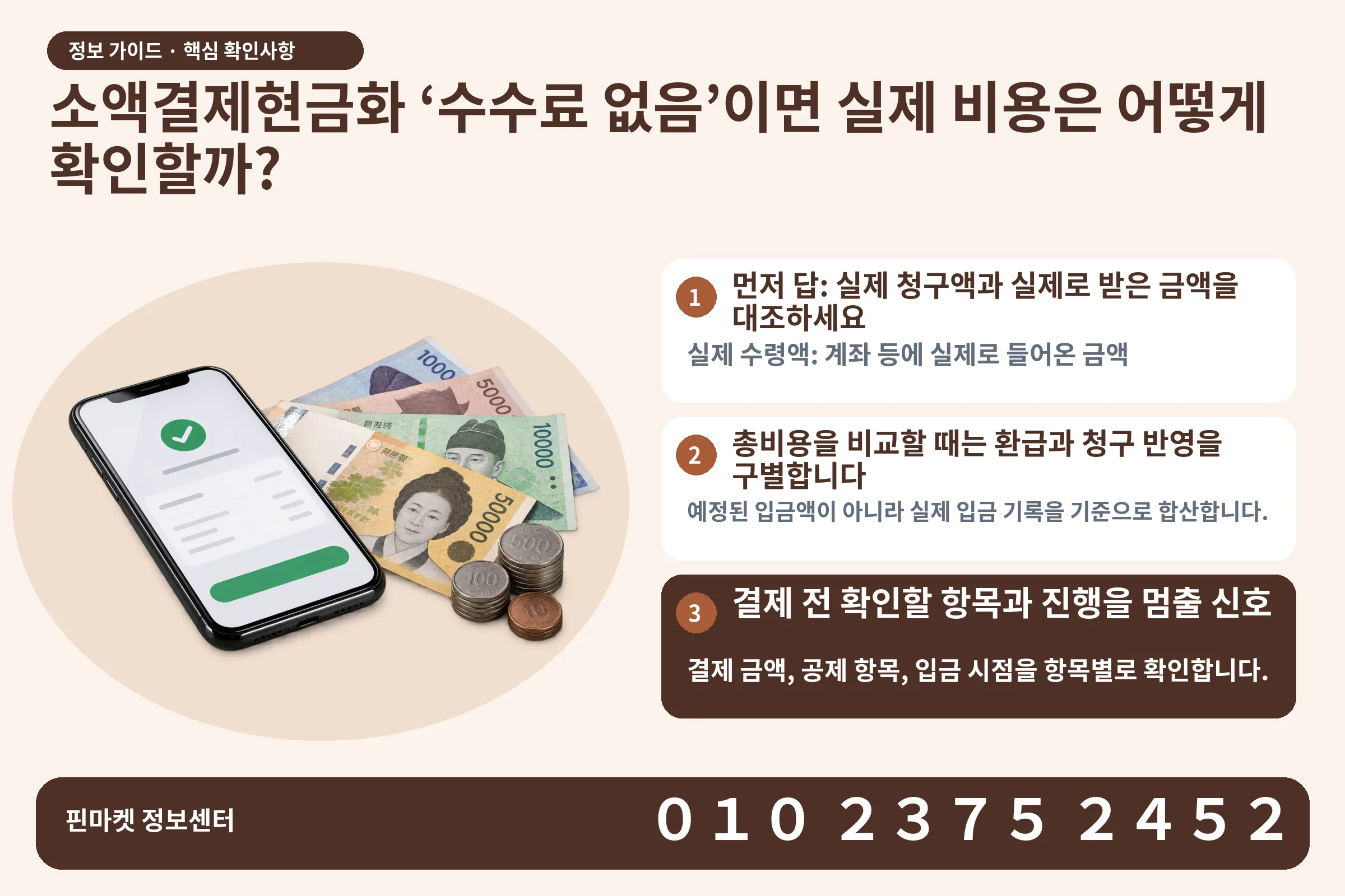 소액결제현금화 ‘수수료 없음’이면 실제 비용은 어떻게 확인할까? · 휴대폰 결제 화면 / 현금·동전 · 본문 확인사항: 먼저 답: 실제 청구액과 실제로 받은 금액을 대조하세요; 총비용을 비교할 때는 환급과 청구 반영을 구별합니다; 결제 전 확인할 항목과 진행을 멈출 신호