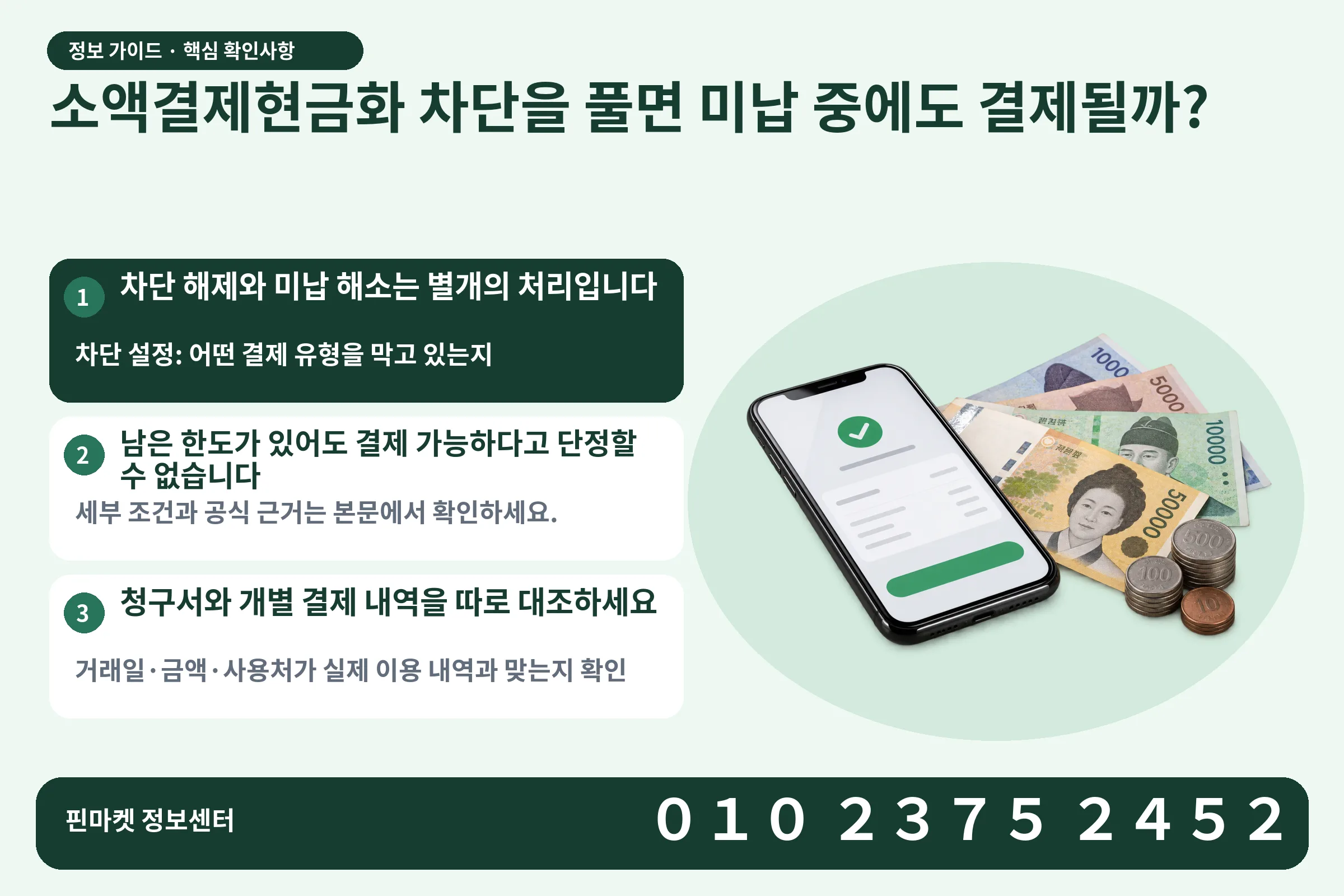 소액결제현금화 차단을 풀면 미납 중에도 결제될까? · 휴대폰 결제 화면 / 현금·동전 · 본문 확인사항: 차단 해제와 미납 해소는 별개의 처리입니다; 남은 한도가 있어도 결제 가능하다고 단정할 수 없습니다; 청구서와 개별 결제 내역을 따로 대조하세요