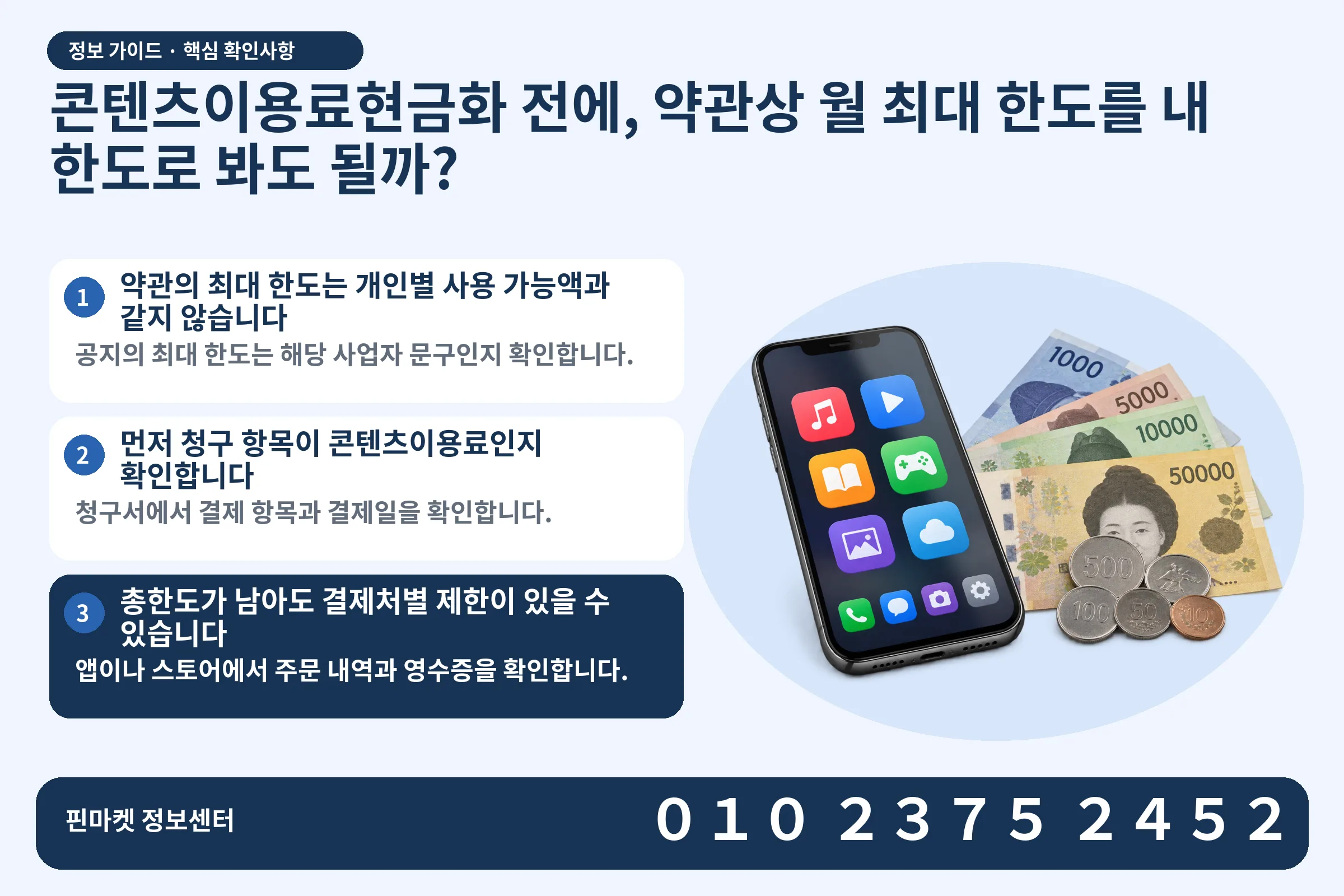 콘텐츠이용료현금화 전에, 약관상 월 최대 한도를 내 한도로 봐도 될까? · 콘텐츠 결제 화면 / 현금·동전 · 본문 확인사항: 약관의 최대 한도는 개인별 사용 가능액과 같지 않습니다; 먼저 청구 항목이 콘텐츠이용료인지 확인합니다; 총한도가 남아도 결제처별 제한이 있을 수 있습니다