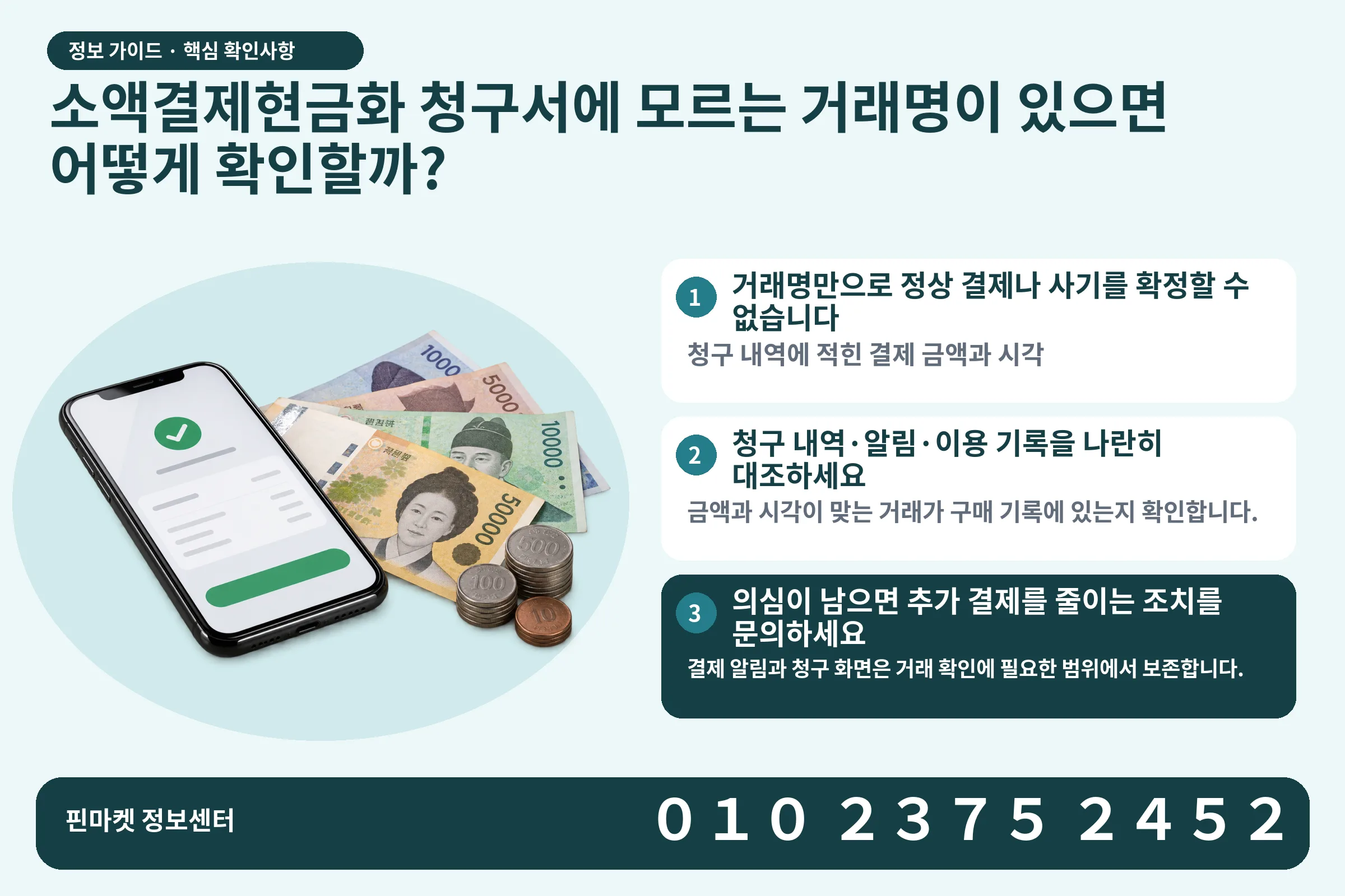 소액결제현금화 청구서에 모르는 거래명이 있으면 어떻게 확인할까? · 휴대폰 결제 화면 / 현금·동전 · 본문 확인사항: 거래명만으로 정상 결제나 사기를 확정할 수 없습니다; 청구 내역·알림·이용 기록을 나란히 대조하세요; 의심이 남으면 추가 결제를 줄이는 조치를 문의하세요