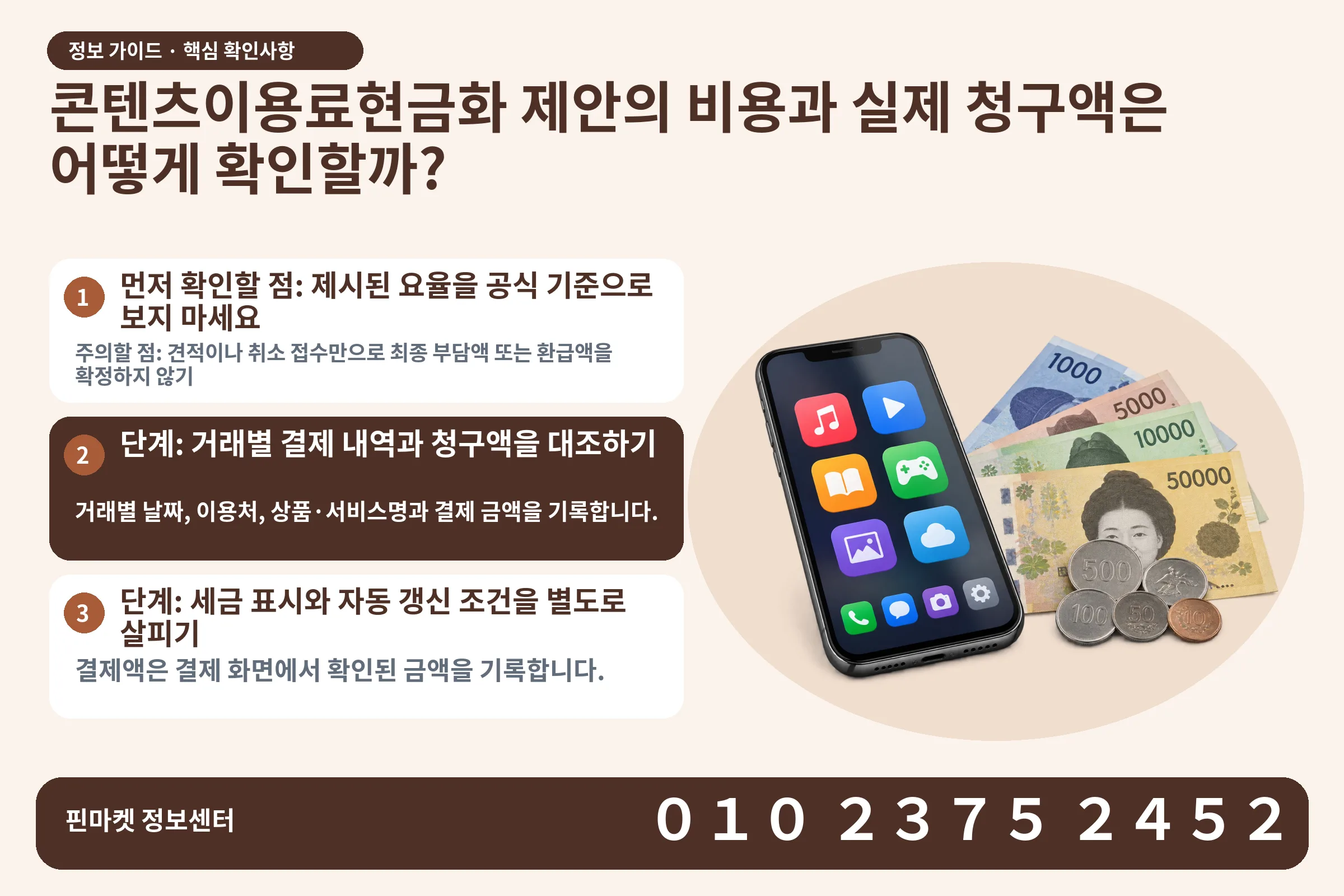 콘텐츠이용료현금화 제안의 비용과 실제 청구액은 어떻게 확인할까? · 콘텐츠 결제 화면 / 현금·동전 · 본문 확인사항: 먼저 확인할 점: 제시된 요율을 공식 기준으로 보지 마세요; 단계: 거래별 결제 내역과 청구액을 대조하기; 단계: 세금 표시와 자동 갱신 조건을 별도로 살피기