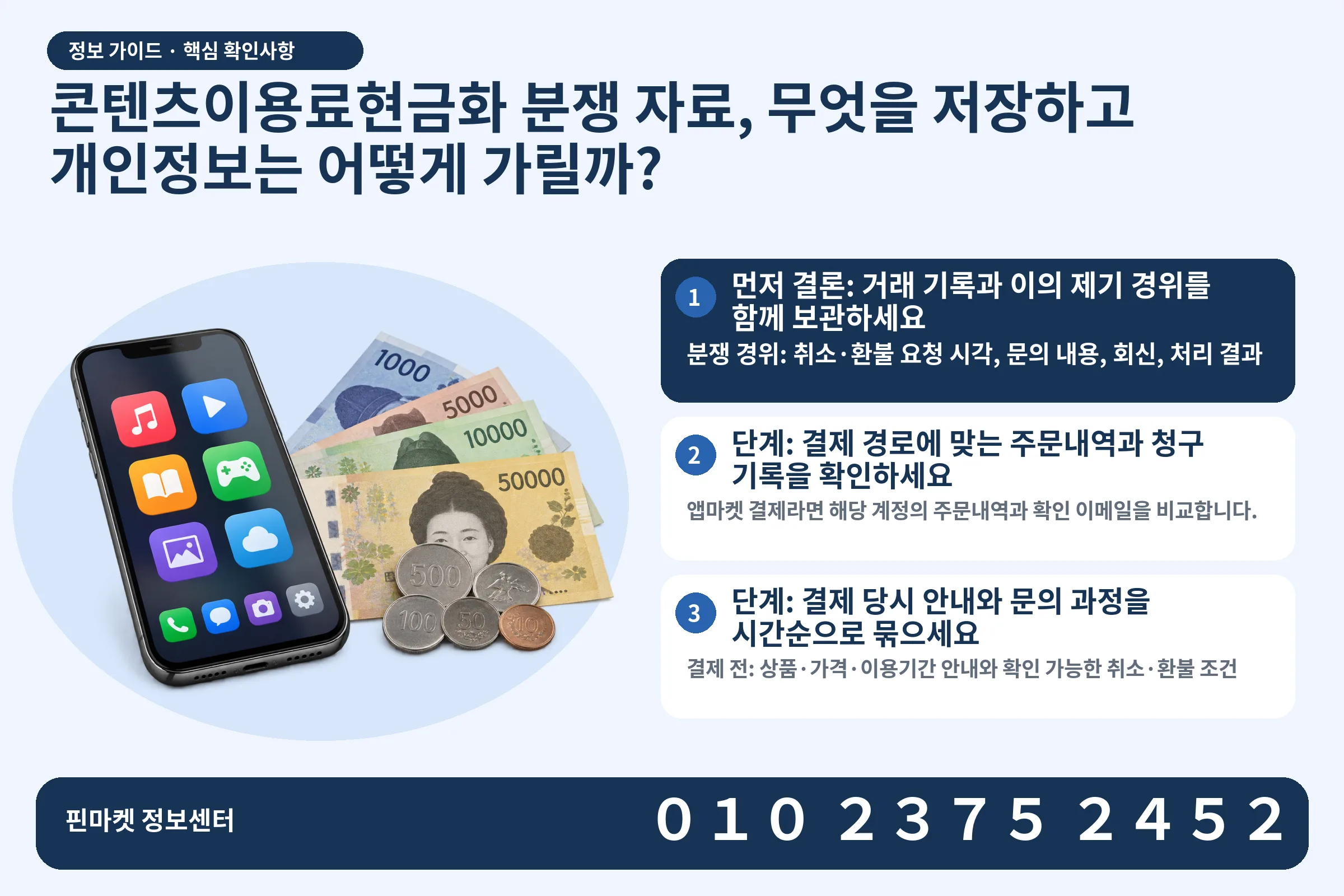 콘텐츠이용료현금화 분쟁 자료, 무엇을 저장하고 개인정보는 어떻게 가릴까? · 콘텐츠 결제 화면 / 현금·동전 · 본문 확인사항: 먼저 결론: 거래 기록과 이의 제기 경위를 함께 보관하세요; 단계: 결제 경로에 맞는 주문내역과 청구 기록을 확인하세요; 단계: 결제 당시 안내와 문의 과정을 시간순으로 묶으세요