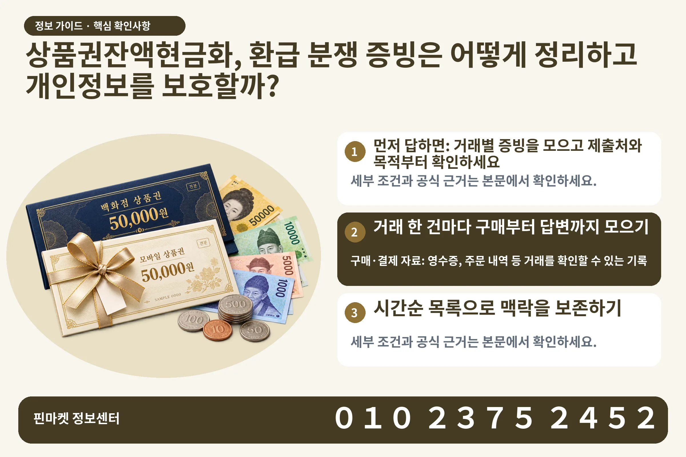 상품권잔액현금화, 환급 분쟁 증빙은 어떻게 정리하고 개인정보를 보호할까? · 상품권 / 현금·동전 · 본문 확인사항: 먼저 답하면: 거래별 증빙을 모으고 제출처와 목적부터 확인하세요; 거래 한 건마다 구매부터 답변까지 모으기; 시간순 목록으로 맥락을 보존하기