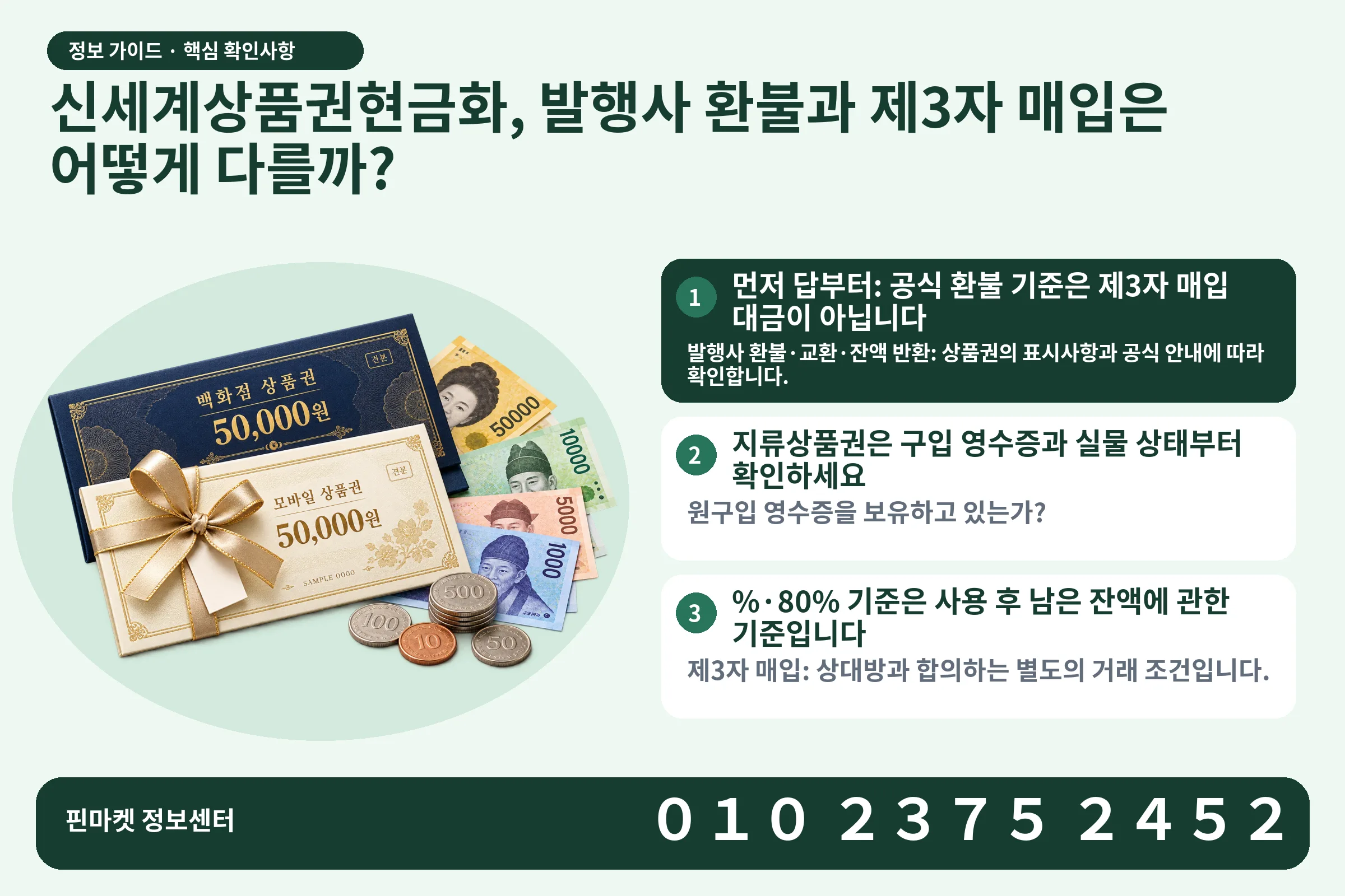 신세계상품권현금화, 발행사 환불과 제3자 매입은 어떻게 다를까? · 상품권 / 현금·동전 · 본문 확인사항: 먼저 답부터: 공식 환불 기준은 제3자 매입 대금이 아닙니다; 지류상품권은 구입 영수증과 실물 상태부터 확인하세요; %·80% 기준은 사용 후 남은 잔액에 관한 기준입니다