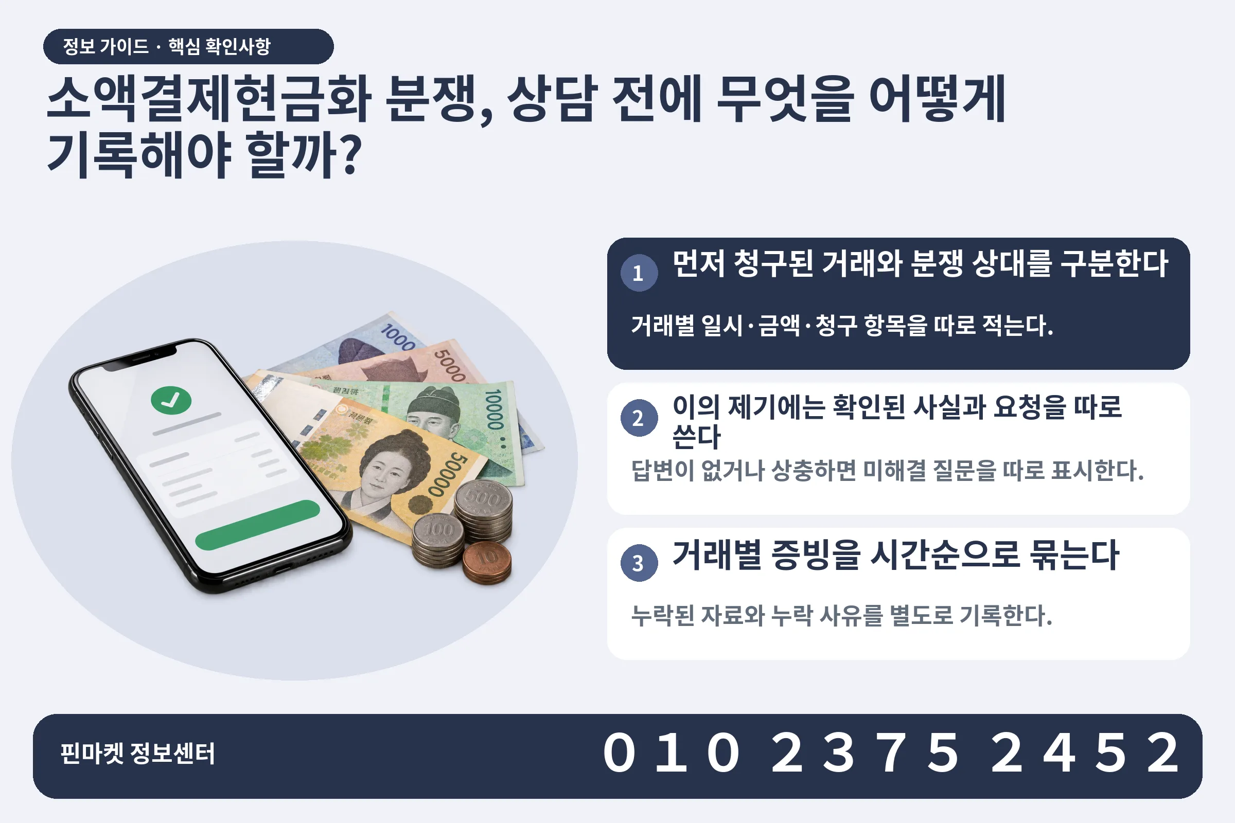 소액결제현금화 분쟁, 상담 전에 무엇을 어떻게 기록해야 할까? · 휴대폰 결제 화면 / 현금·동전 · 본문 확인사항: 먼저 청구된 거래와 분쟁 상대를 구분한다; 이의 제기에는 확인된 사실과 요청을 따로 쓴다; 거래별 증빙을 시간순으로 묶는다