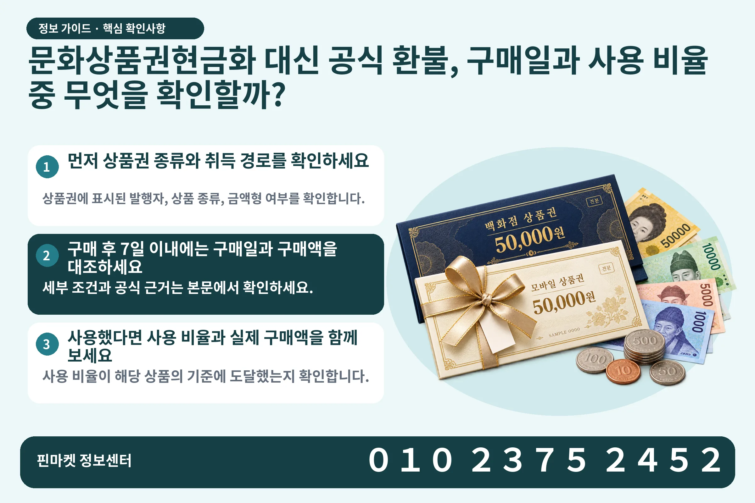 문화상품권현금화 대신 공식 환불, 구매일과 사용 비율 중 무엇을 확인할까? · 상품권 / 현금·동전 · 본문 확인사항: 먼저 상품권 종류와 취득 경로를 확인하세요; 구매 후 7일 이내에는 구매일과 구매액을 대조하세요; 사용했다면 사용 비율과 실제 구매액을 함께 보세요