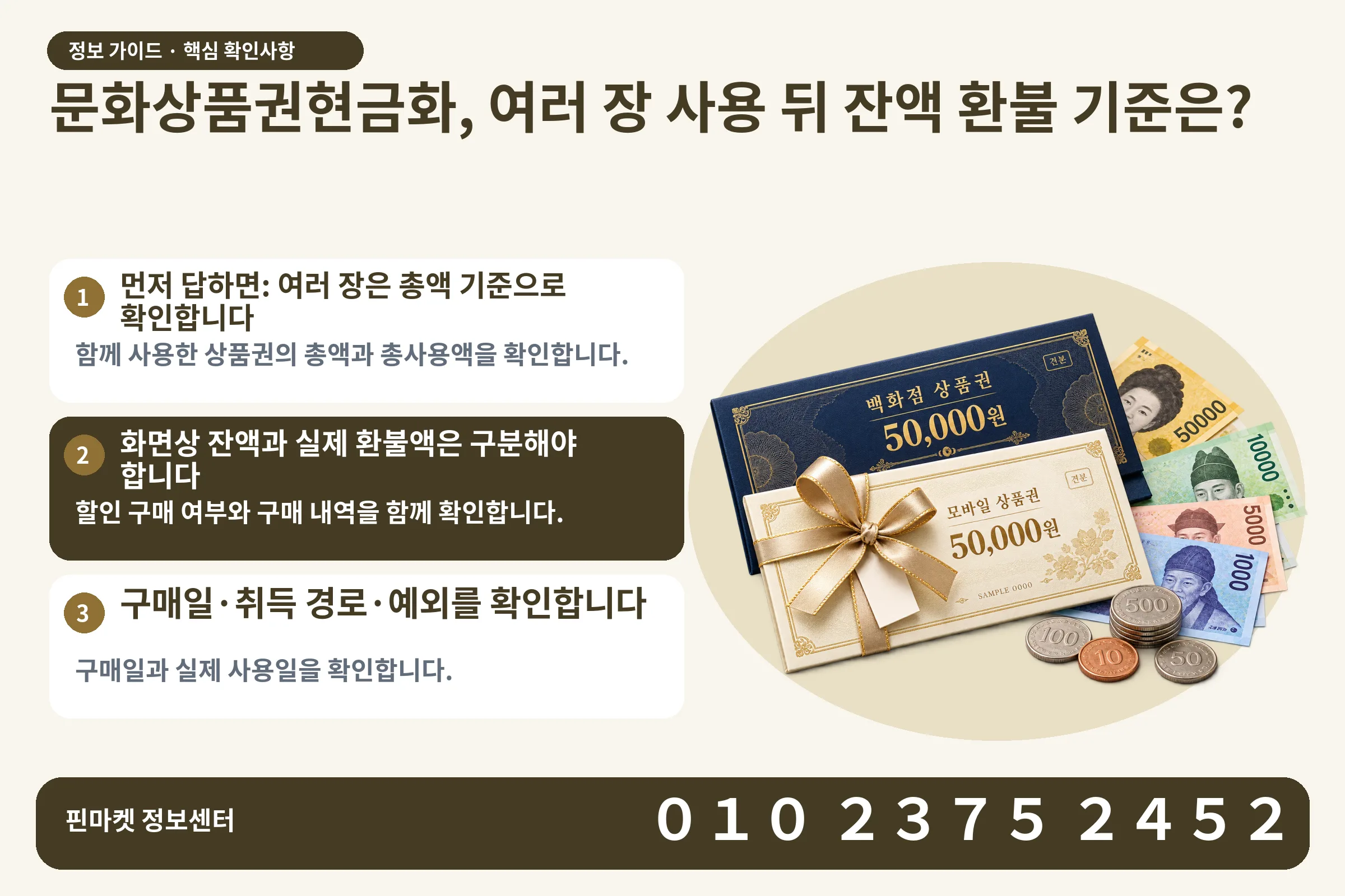 문화상품권현금화, 여러 장 사용 뒤 잔액 환불 기준은? · 상품권 / 현금·동전 · 본문 확인사항: 먼저 답하면: 여러 장은 총액 기준으로 확인합니다; 화면상 잔액과 실제 환불액은 구분해야 합니다; 구매일·취득 경로·예외를 확인합니다