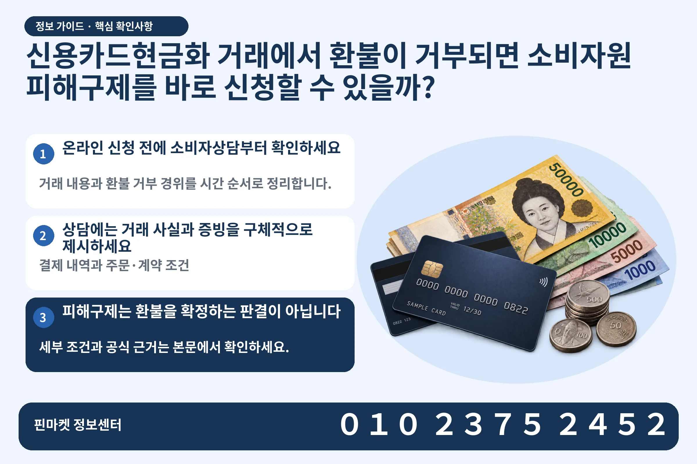 신용카드현금화 거래에서 환불이 거부되면 소비자원 피해구제를 바로 신청할 수 있을까? · 신용카드 / 현금·동전 · 본문 확인사항: 온라인 신청 전에 소비자상담부터 확인하세요; 상담에는 거래 사실과 증빙을 구체적으로 제시하세요; 피해구제는 환불을 확정하는 판결이 아닙니다