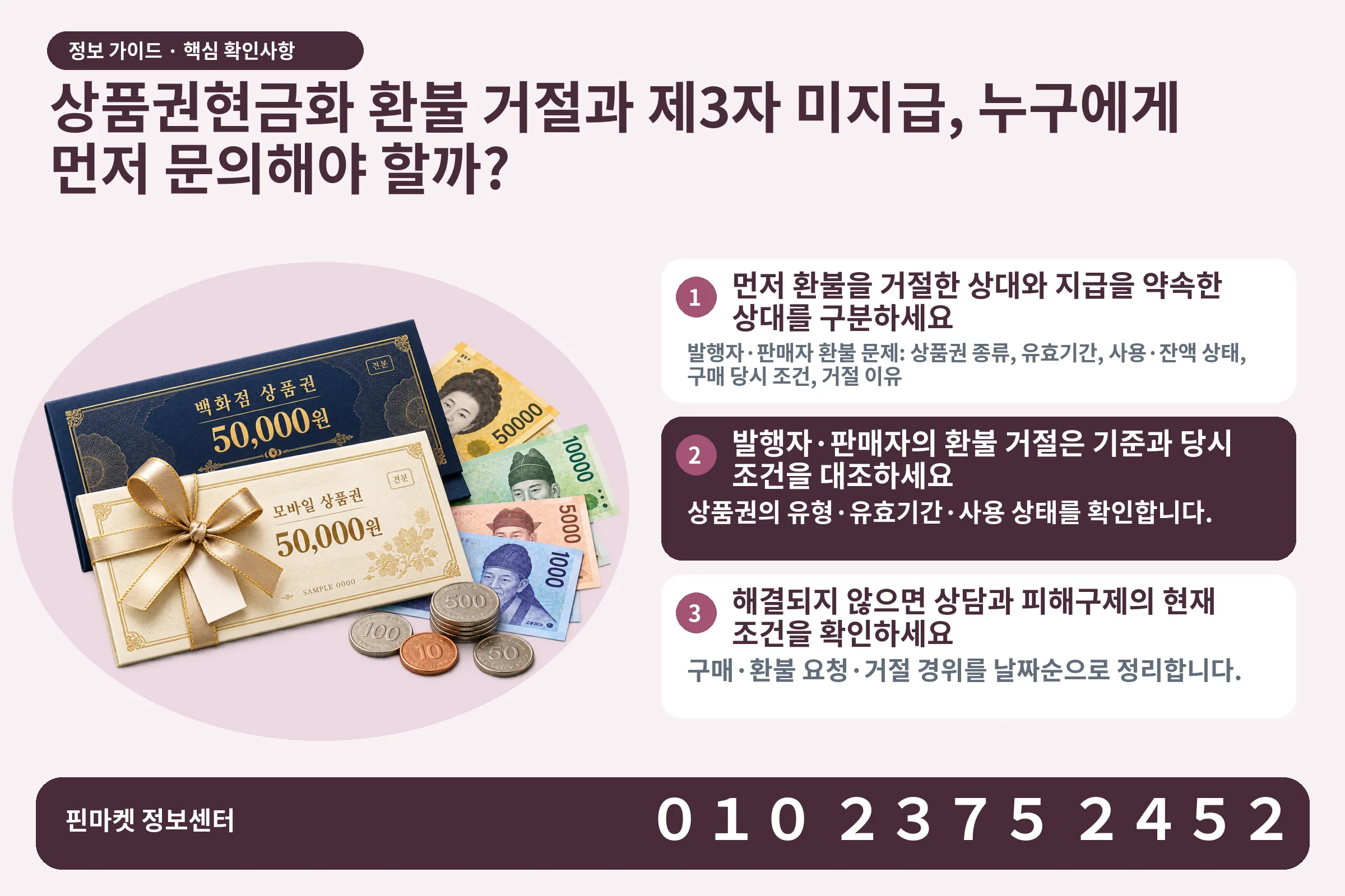 상품권현금화 환불 거절과 제3자 미지급, 누구에게 먼저 문의해야 할까? · 상품권 / 현금·동전 · 본문 확인사항: 먼저 환불을 거절한 상대와 지급을 약속한 상대를 구분하세요; 발행자·판매자의 환불 거절은 기준과 당시 조건을 대조하세요; 해결되지 않으면 상담과 피해구제의 현재 조건을 확인하세요