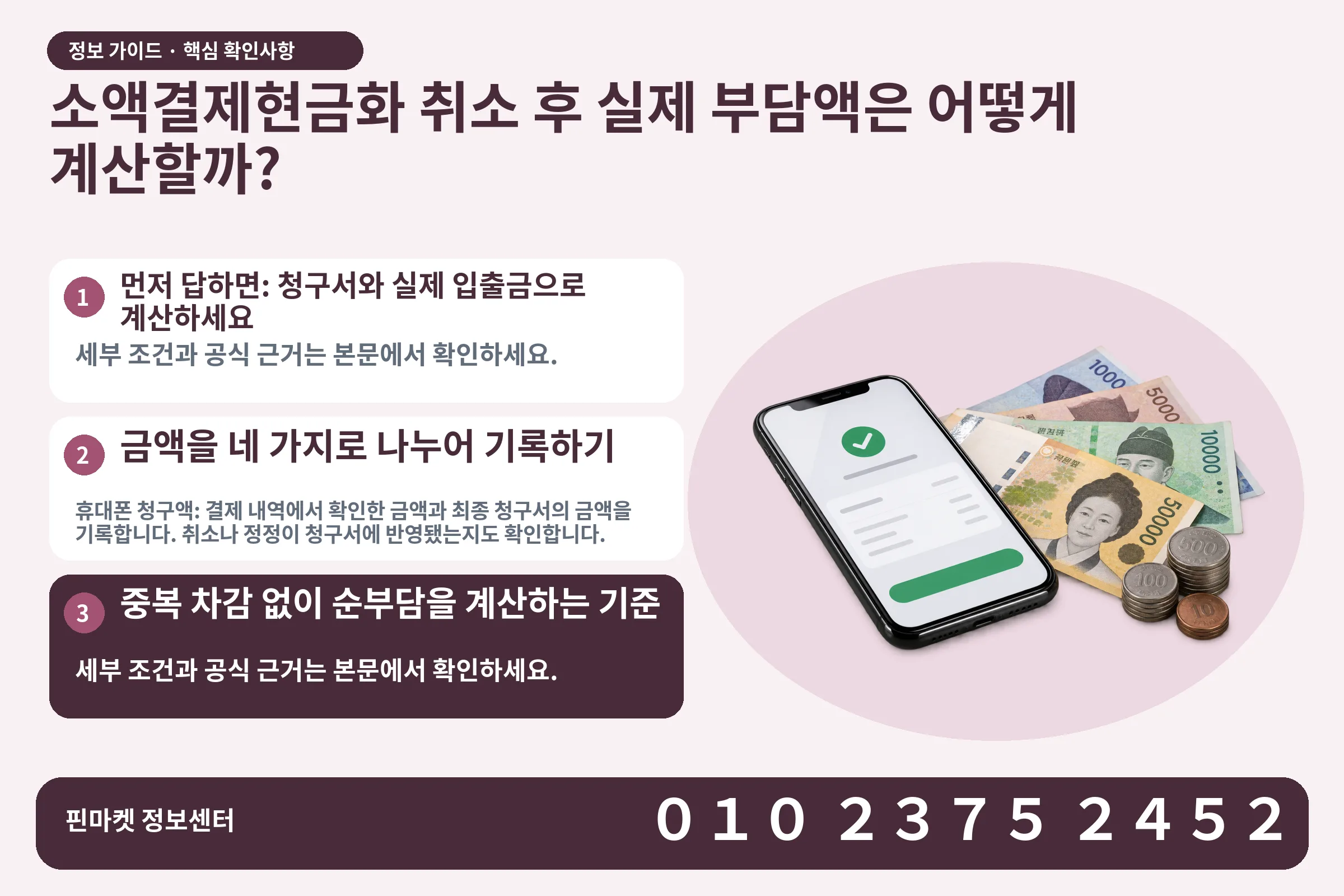 소액결제현금화 취소 후 실제 부담액은 어떻게 계산할까? · 휴대폰 결제 화면 / 현금·동전 · 본문 확인사항: 먼저 답하면: 청구서와 실제 입출금으로 계산하세요; 금액을 네 가지로 나누어 기록하기; 중복 차감 없이 순부담을 계산하는 기준