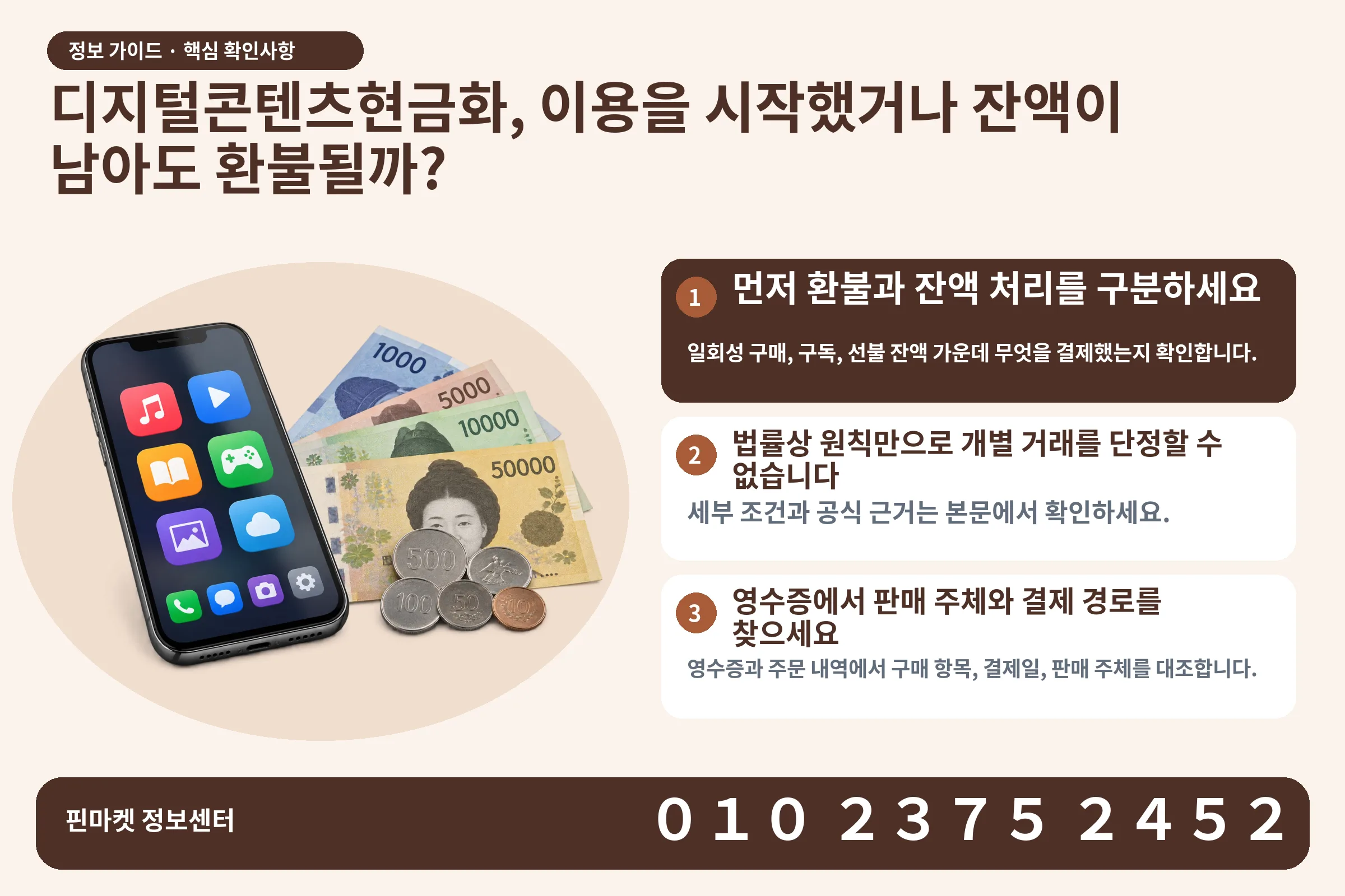 디지털콘텐츠현금화, 이용을 시작했거나 잔액이 남아도 환불될까? · 콘텐츠 결제 화면 / 현금·동전 · 본문 확인사항: 먼저 환불과 잔액 처리를 구분하세요; 법률상 원칙만으로 개별 거래를 단정할 수 없습니다; 영수증에서 판매 주체와 결제 경로를 찾으세요
