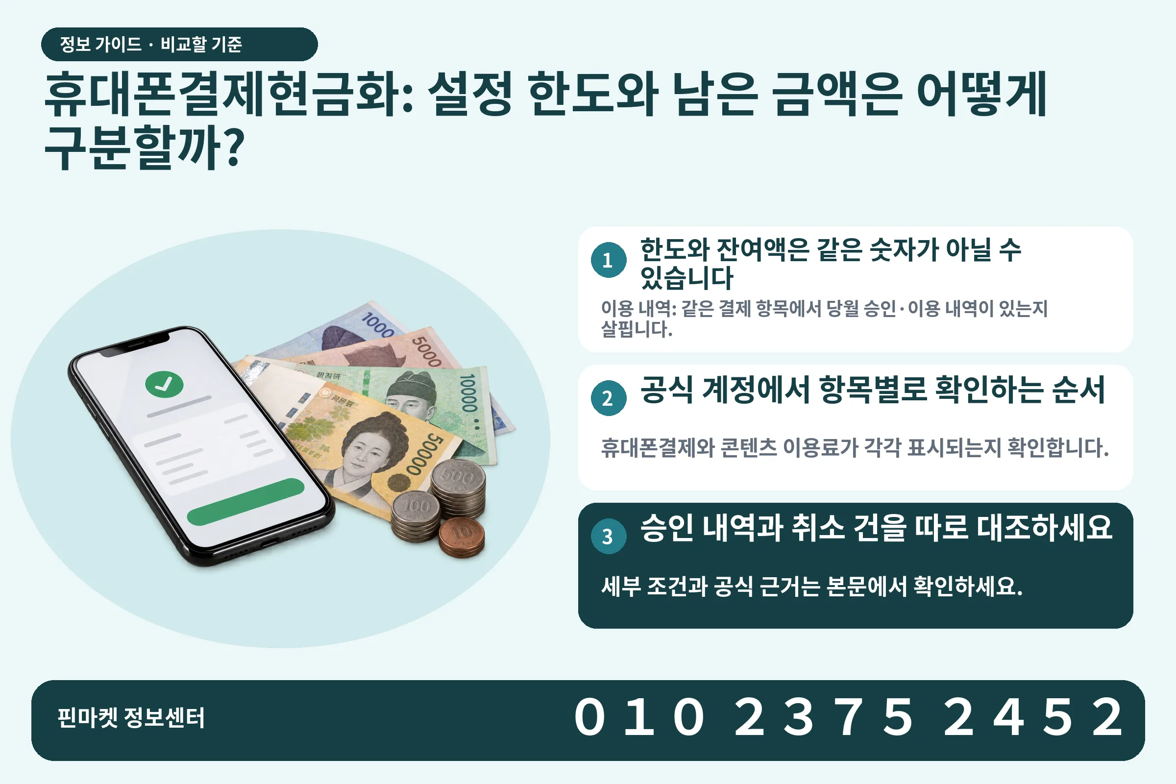 휴대폰결제현금화: 설정 한도와 남은 금액은 어떻게 구분할까? · 휴대폰 결제 화면 / 현금·동전 · 본문 확인사항: 한도와 잔여액은 같은 숫자가 아닐 수 있습니다; 공식 계정에서 항목별로 확인하는 순서; 승인 내역과 취소 건을 따로 대조하세요