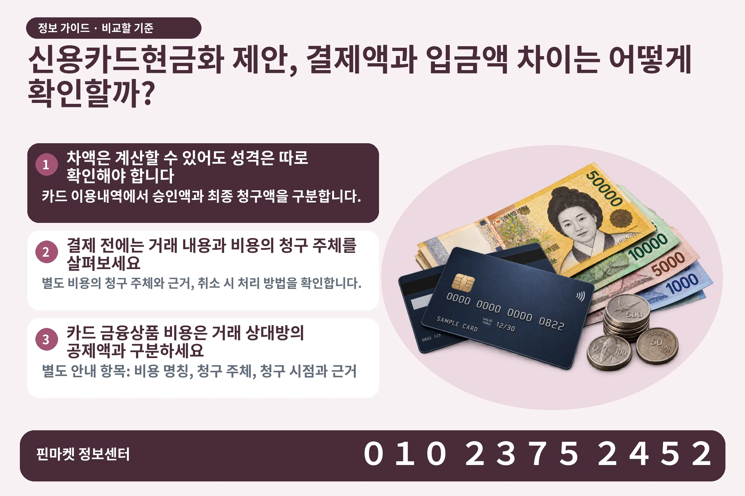 신용카드현금화 제안, 결제액과 입금액 차이는 어떻게 확인할까? · 신용카드 / 현금·동전 · 본문 확인사항: 차액은 계산할 수 있어도 성격은 따로 확인해야 합니다; 결제 전에는 거래 내용과 비용의 청구 주체를 살펴보세요; 카드 금융상품 비용은 거래 상대방의 공제액과 구분하세요