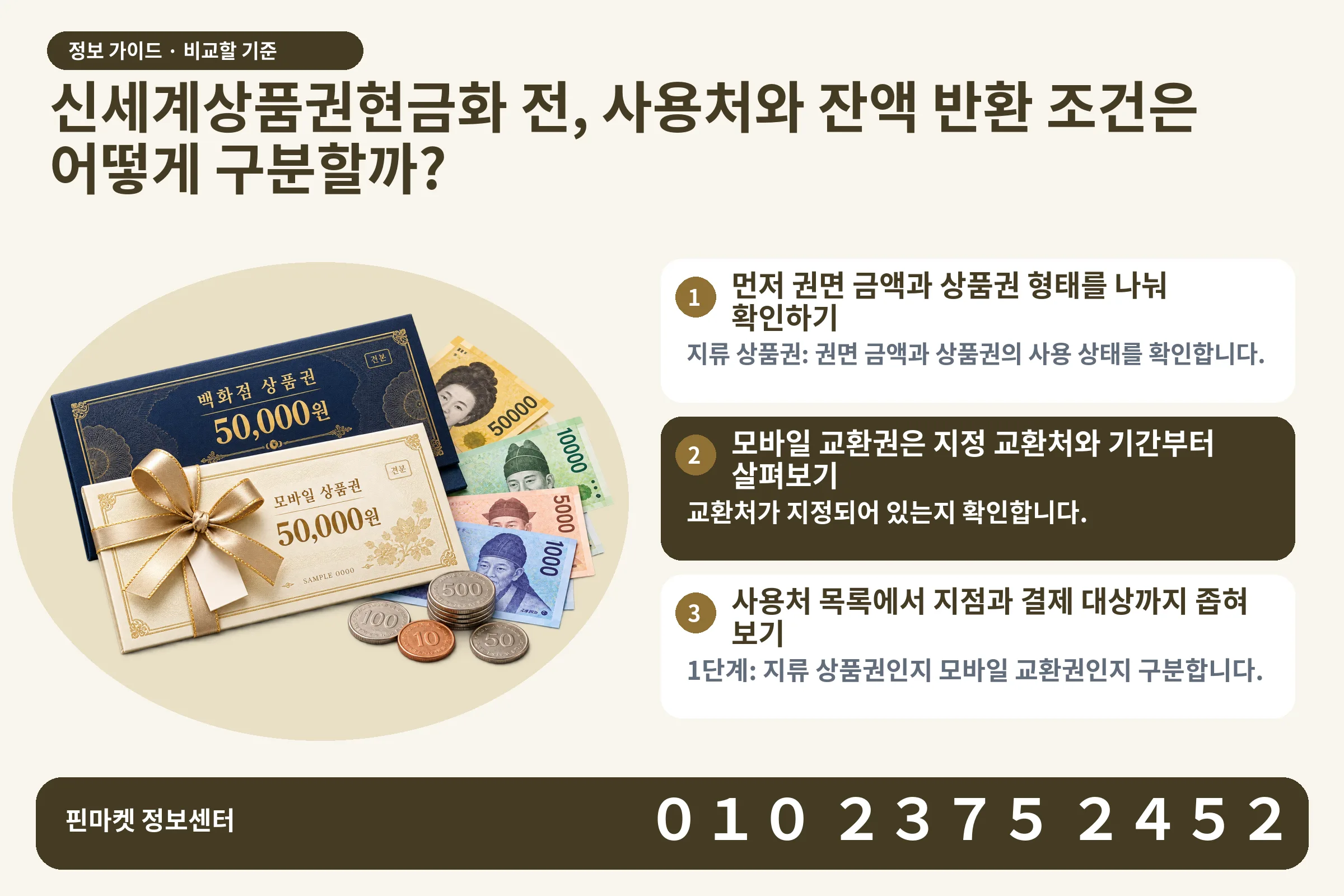 신세계상품권현금화 전, 사용처와 잔액 반환 조건은 어떻게 구분할까? · 상품권 / 현금·동전 · 본문 확인사항: 먼저 권면 금액과 상품권 형태를 나눠 확인하기; 모바일 교환권은 지정 교환처와 기간부터 살펴보기; 사용처 목록에서 지점과 결제 대상까지 좁혀 보기