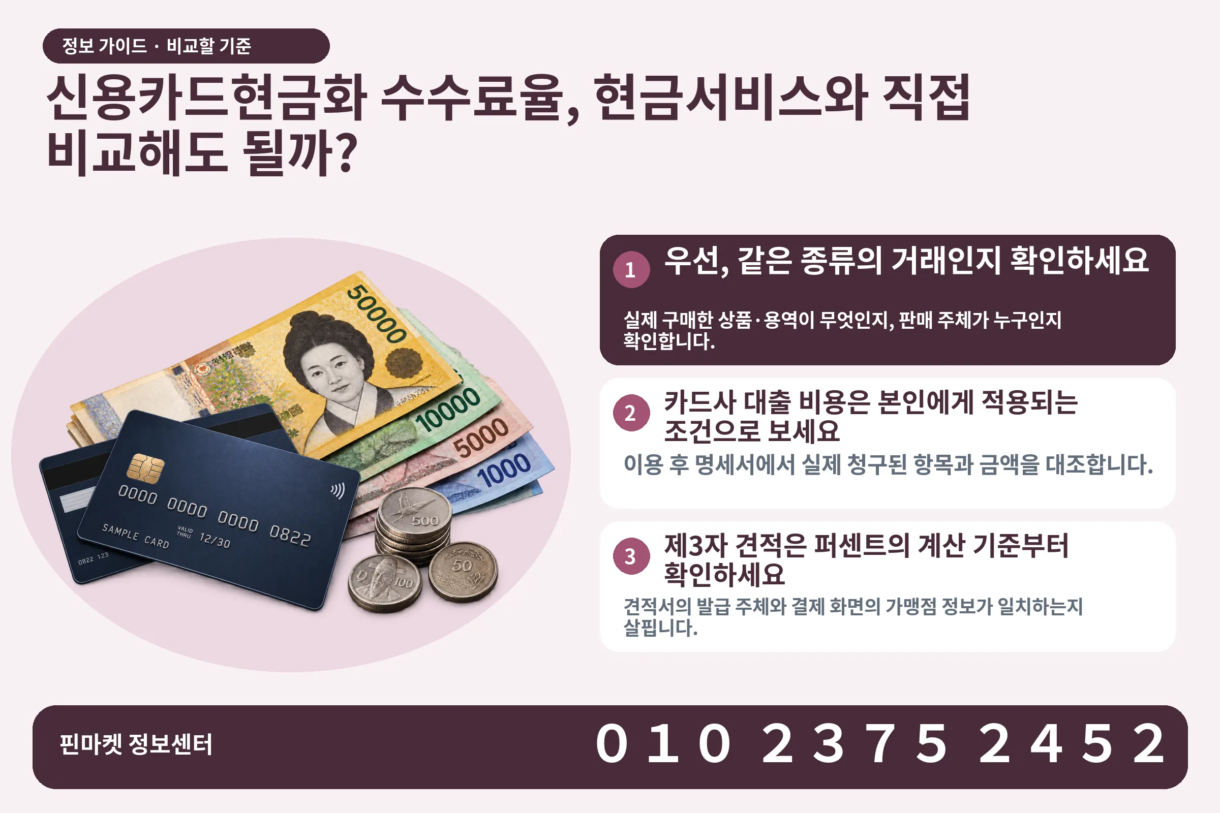 신용카드현금화 수수료율, 현금서비스와 직접 비교해도 될까? · 신용카드 / 현금·동전 · 본문 확인사항: 우선, 같은 종류의 거래인지 확인하세요; 카드사 대출 비용은 본인에게 적용되는 조건으로 보세요; 제3자 견적은 퍼센트의 계산 기준부터 확인하세요
