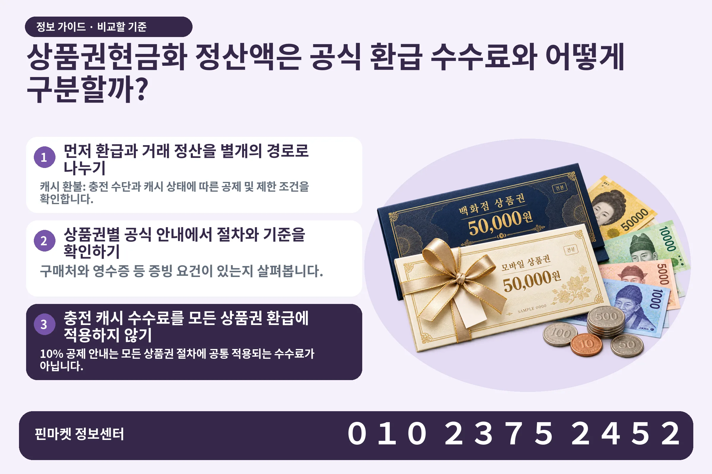 상품권현금화 정산액은 공식 환급 수수료와 어떻게 구분할까? · 상품권 / 현금·동전 · 본문 확인사항: 먼저 환급과 거래 정산을 별개의 경로로 나누기; 상품권별 공식 안내에서 절차와 기준을 확인하기; 충전 캐시 수수료를 모든 상품권 환급에 적용하지 않기