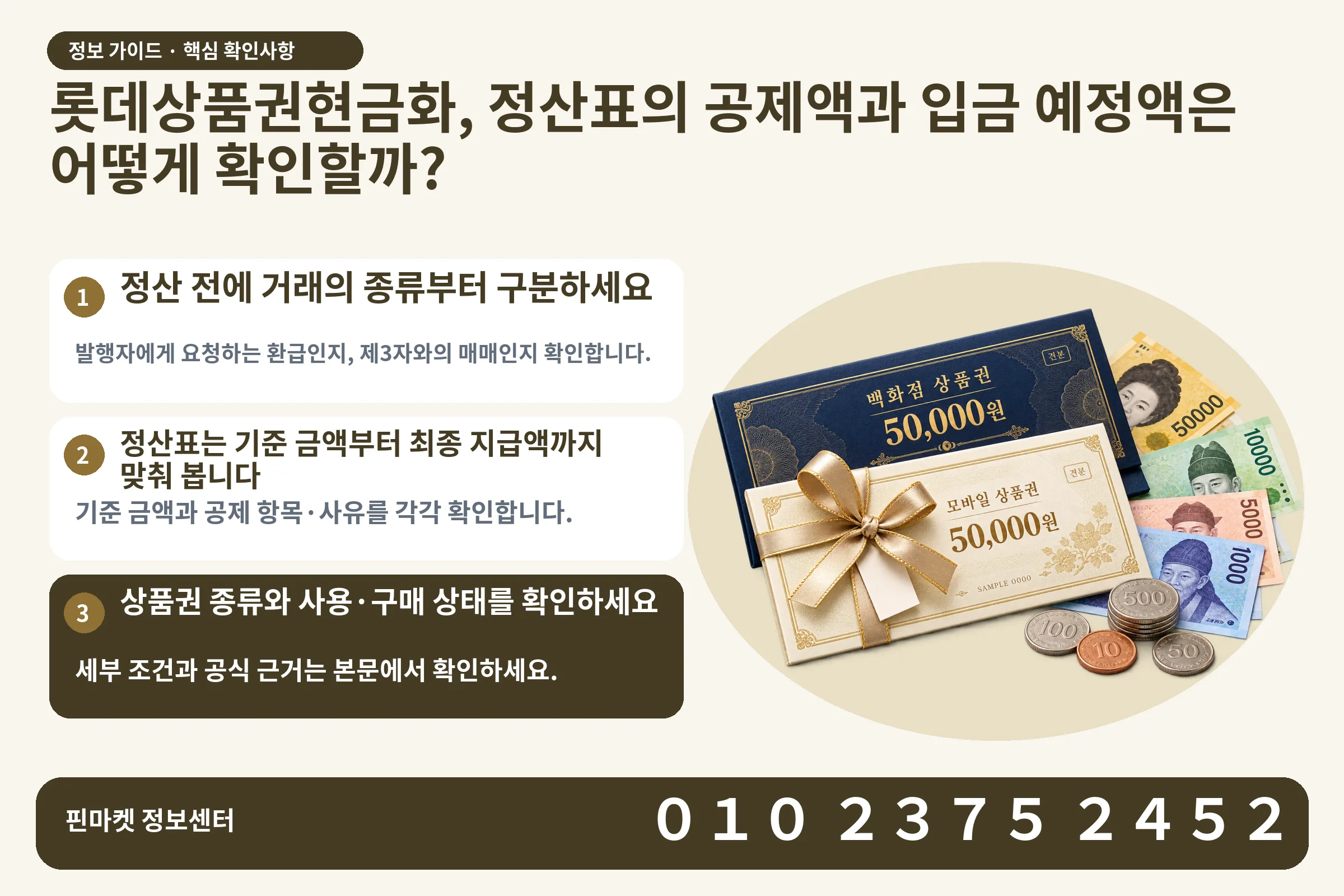 롯데상품권현금화, 정산표의 공제액과 입금 예정액은 어떻게 확인할까? · 상품권 / 현금·동전 · 본문 확인사항: 정산 전에 거래의 종류부터 구분하세요; 정산표는 기준 금액부터 최종 지급액까지 맞춰 봅니다; 상품권 종류와 사용·구매 상태를 확인하세요