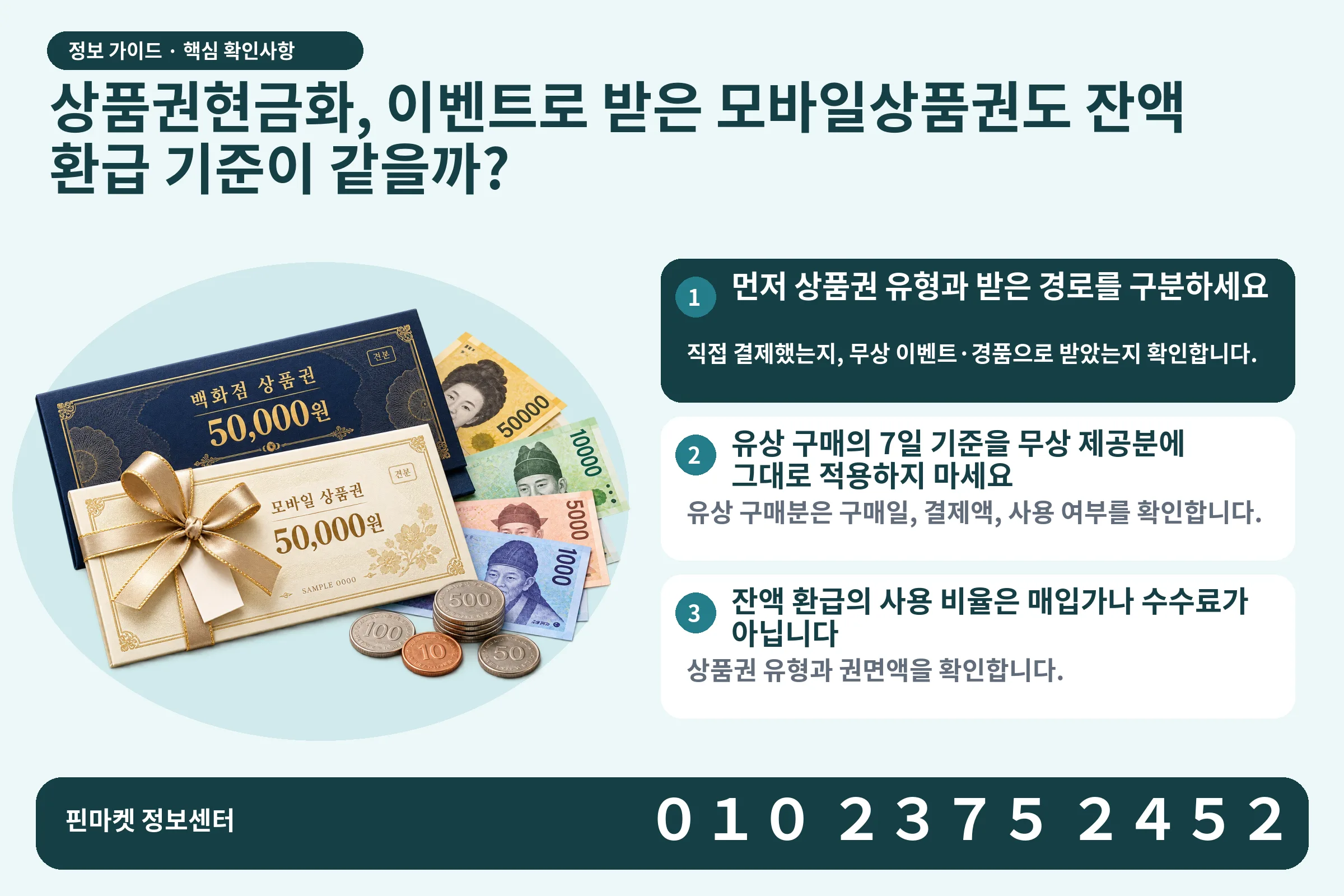 상품권현금화, 이벤트로 받은 모바일상품권도 잔액 환급 기준이 같을까? · 상품권 / 현금·동전 · 본문 확인사항: 먼저 상품권 유형과 받은 경로를 구분하세요; 유상 구매의 7일 기준을 무상 제공분에 그대로 적용하지 마세요; 잔액 환급의 사용 비율은 매입가나 수수료가 아닙니다