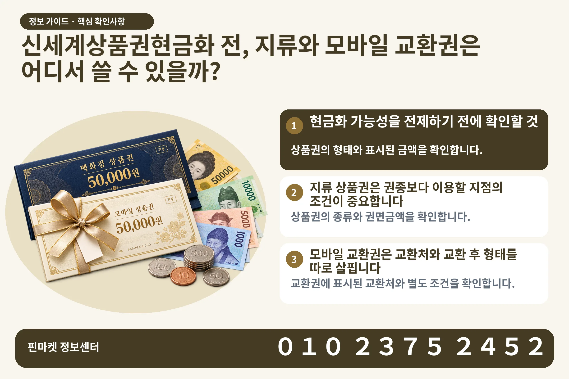 신세계상품권현금화 전, 지류와 모바일 교환권은 어디서 쓸 수 있을까? · 상품권 / 현금·동전 · 본문 확인사항: 현금화 가능성을 전제하기 전에 확인할 것; 지류 상품권은 권종보다 이용할 지점의 조건이 중요합니다; 모바일 교환권은 교환처와 교환 후 형태를 따로 살핍니다