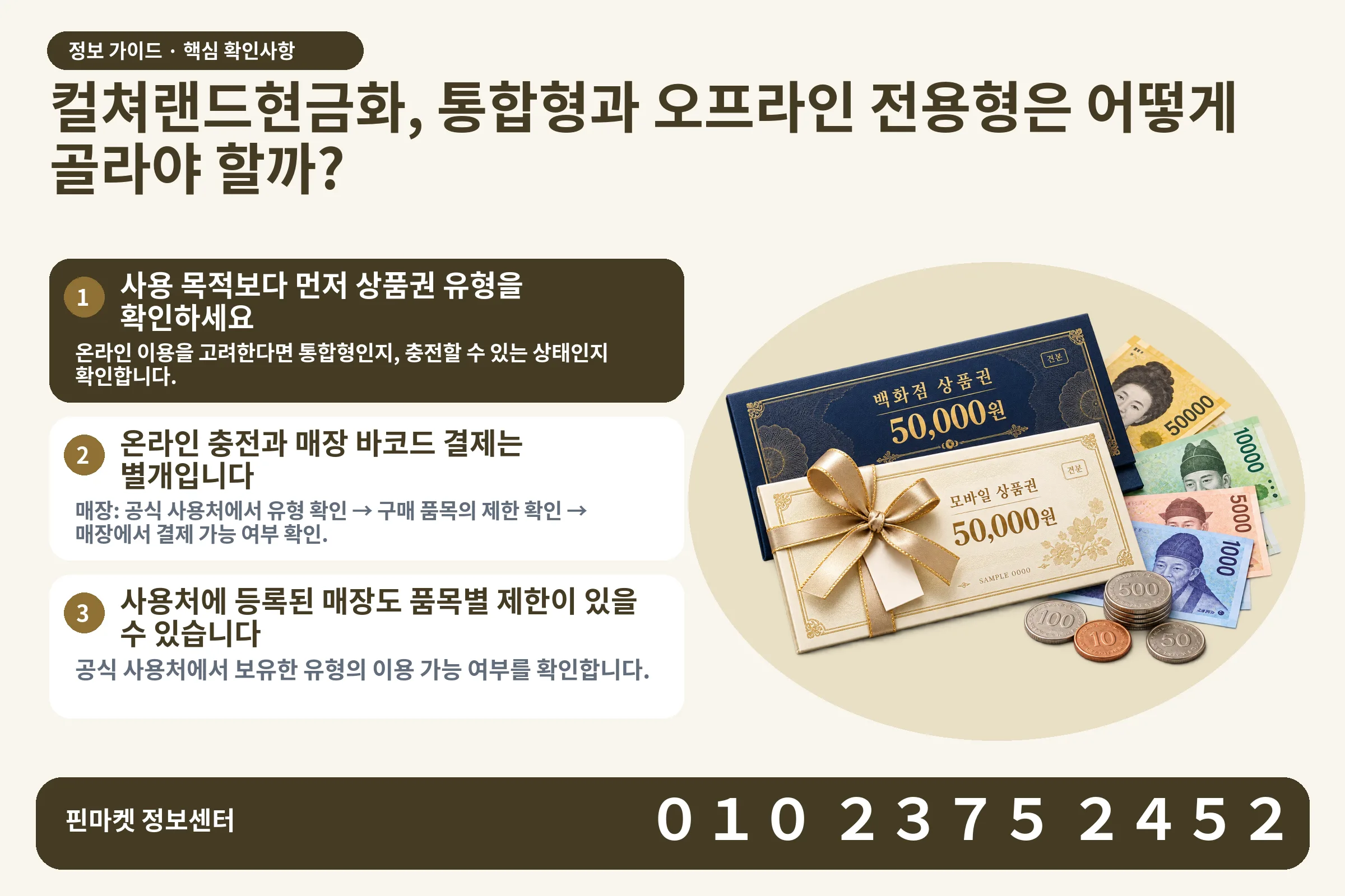 컬쳐랜드현금화, 통합형과 오프라인 전용형은 어떻게 골라야 할까? · 상품권 / 현금·동전 · 본문 확인사항: 사용 목적보다 먼저 상품권 유형을 확인하세요; 온라인 충전과 매장 바코드 결제는 별개입니다; 사용처에 등록된 매장도 품목별 제한이 있을 수 있습니다
