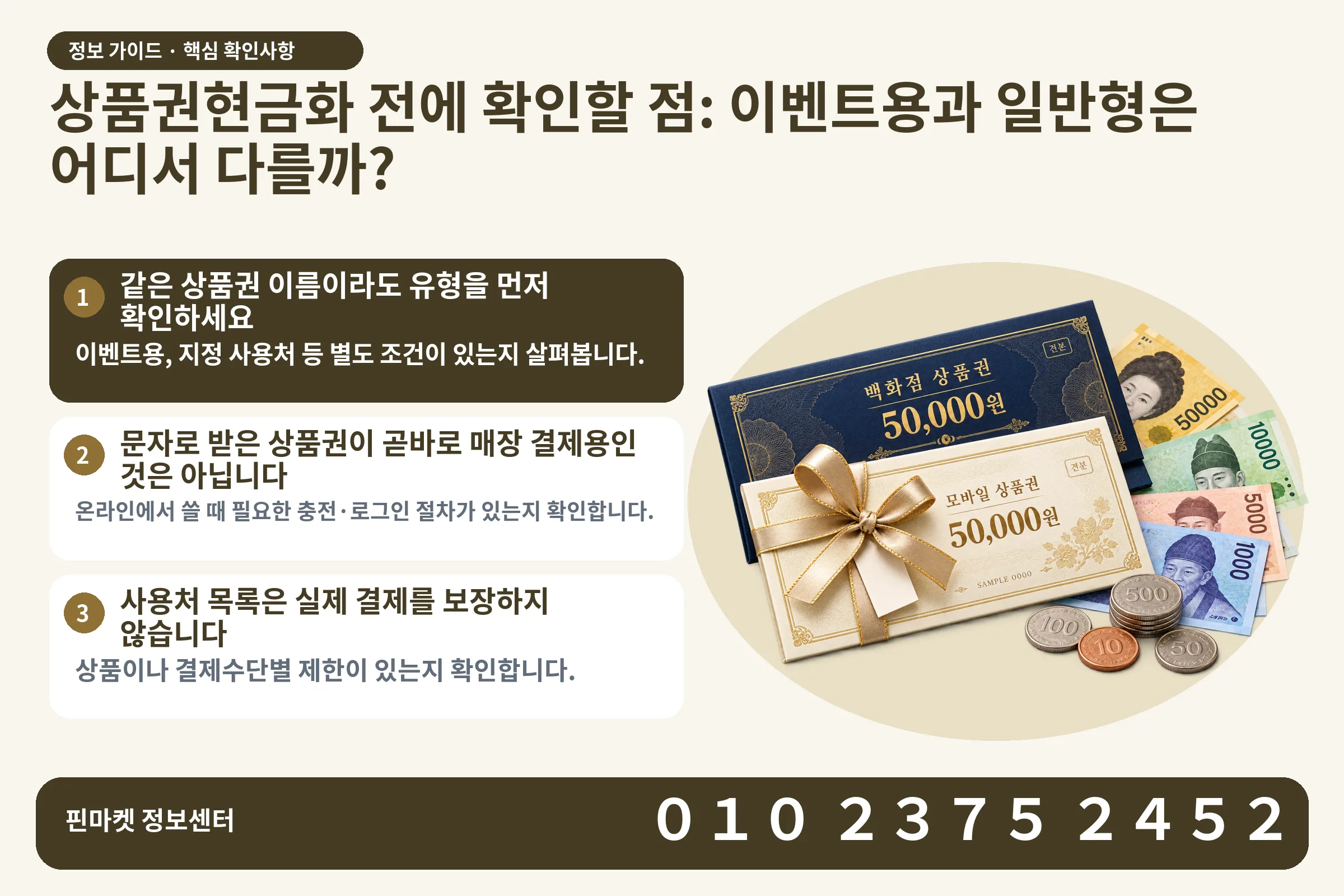 상품권현금화 전에 확인할 점: 이벤트용과 일반형은 어디서 다를까? · 상품권 / 현금·동전 · 본문 확인사항: 같은 상품권 이름이라도 유형을 먼저 확인하세요; 문자로 받은 상품권이 곧바로 매장 결제용인 것은 아닙니다; 사용처 목록은 실제 결제를 보장하지 않습니다