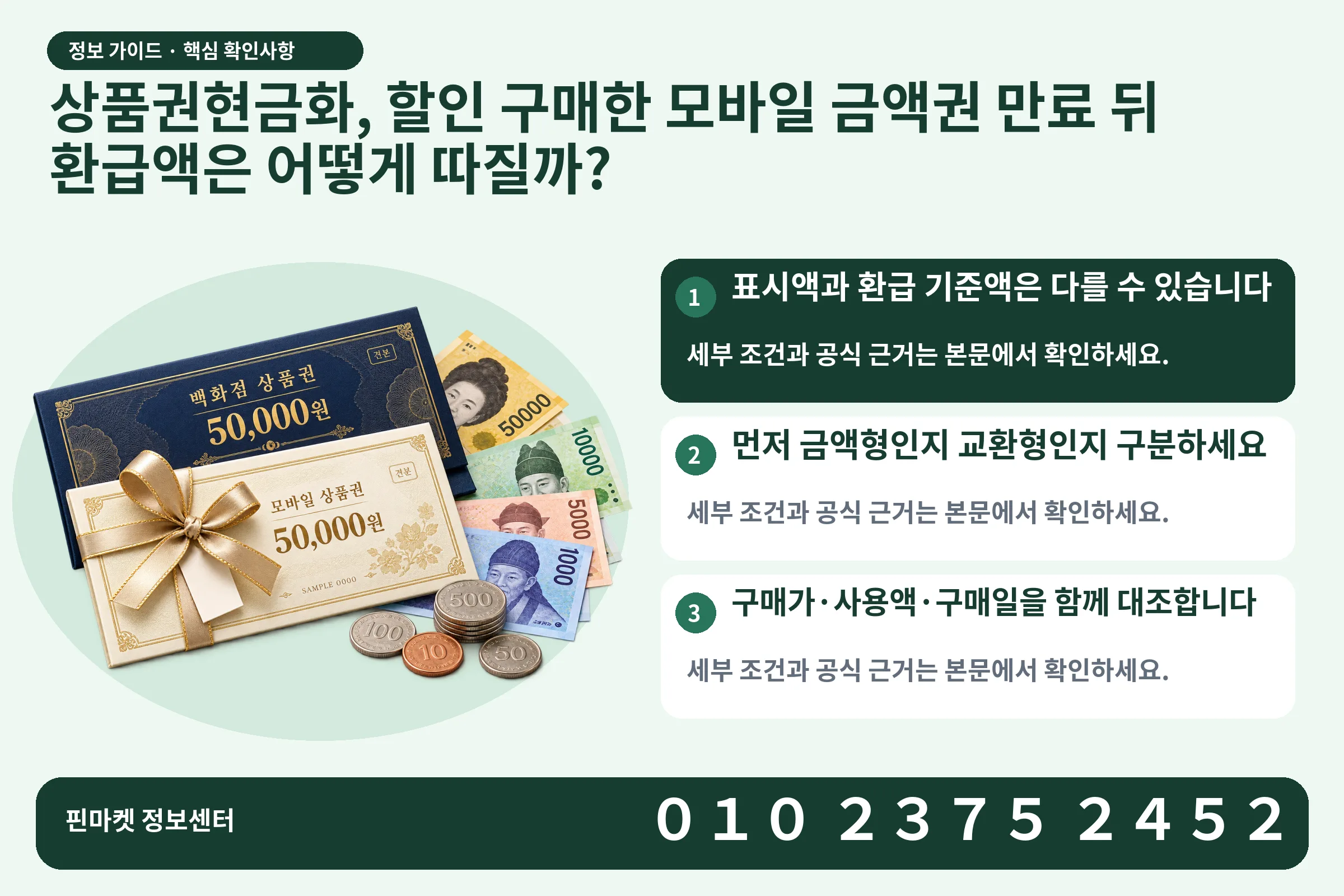 상품권현금화, 할인 구매한 모바일 금액권 만료 뒤 환급액은 어떻게 따질까? · 상품권 / 현금·동전 · 본문 확인사항: 표시액과 환급 기준액은 다를 수 있습니다; 먼저 금액형인지 교환형인지 구분하세요; 구매가·사용액·구매일을 함께 대조합니다